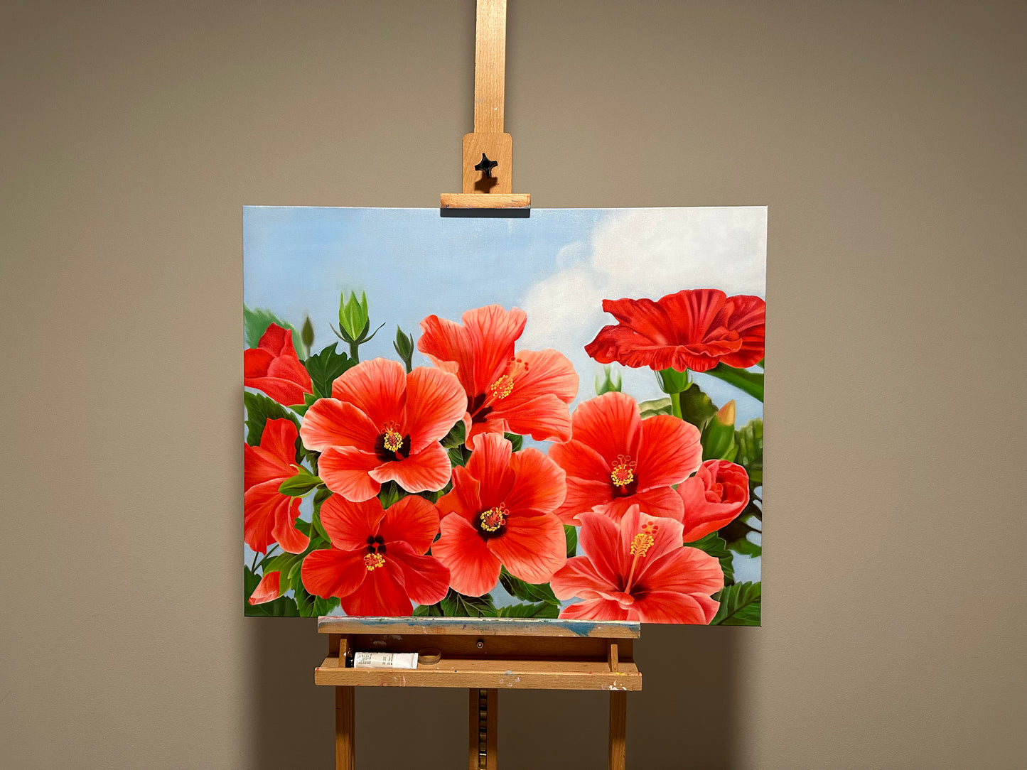 Garden Hibiscus  - Original  Oil Painting by Shobika